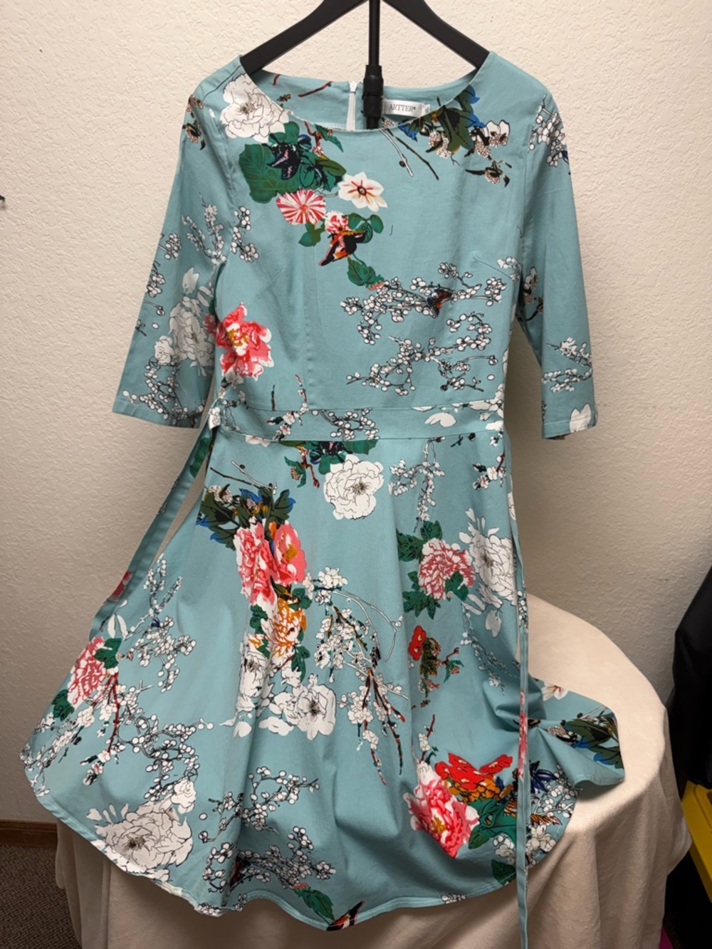 Source Unknown Aqua Floral Fit-and-Flare Dress with Tie Waist